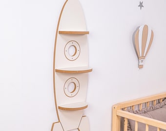 Estantería de pared con forma de cohete - Decoración infantil de madera con temática espacial - Librería Montessori para guardería