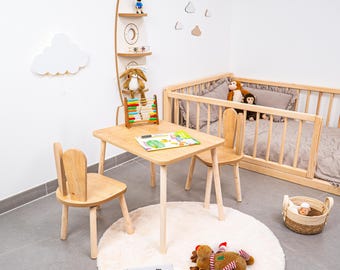 Montessori Handmade Wooden Kids Table & 2 Bunny Chairs – Toddler Furniture for Nursery, Playroom, Activity Table, Gift for Kids