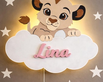 Personalized Lion Cub and Cloud LED Night Light, Wooden Nursery Wall Decor with Baby Name, Newborn Baby and Shower Baby Gift.