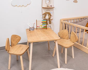 Montessori Handmade Wooden Kids Table & 2 Mouse Ear Chairs – Toddler Furniture for Nursery, Playroom, Activity Table, Gift for Kids