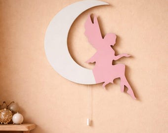 Fairy on Moon Wooden Wall Night Light, Lamp for Girls, LED Nursery Decor, Baby Room Light, Kids Bedroom Wall Art, Magical Gift.
