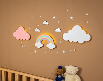 Cloud Night Light Set, Nursery Wooden Wall Decor, Baby Room Cloud Rainbow Lamp, Kids Room Decor, New Baby Gift