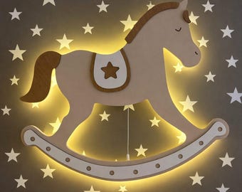 Wooden Rocking Horse LED Night Light, Baby Room Wall Lamp, Nursery Room Decor, Kids Room Wall Light, Natural Wood Night Light Gift.