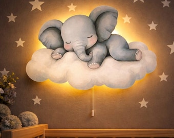 Sleeping Elephant Night Light, LED Wall Lamp for Kids, Baby Room Decor, Nursery Wall Light, Kids Bedroom Nightlight, Wooden Cut Nursery lamp