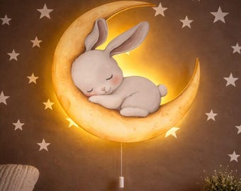 Sleeping Bunny Moon Night Light, Wooden Cut Wall Lamp, Baby Room Decor, Kids Nursery LED Light, Toddler Bedroom Wall Art, Newborn Gift
