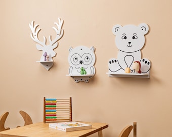 Woodland Animal Wall Shelves - Deer Owl Bear Shelf Set - Wooden Nursery Decor