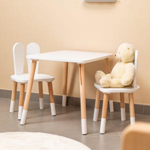 Montessori Handmade Wooden Kids Table & 2 White Bunny Ear Chairs – Toddler Furniture for Nursery, Playroom, Activity Table, Gift for Kids