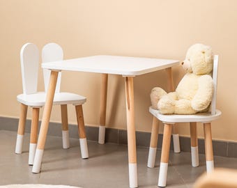Montessori Handmade Wooden Kids Table & 2 White Bunny Ear Chairs – Toddler Furniture for Nursery, Playroom, Activity Table, Gift for Kids