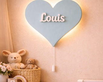 Personalized Heart Night Light, Custom Name LED Wall Lamp, Wooden Nursery Decor, Baby Room Wall Light, New Baby Gift, Baby Shower Gift.