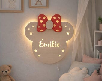 Personalized Mouse Bow Night Light, Custom Name LED Wall Lamp, Wooden Nursery Wall Decor, Baby Room Light, New Baby and baby Shower Gift.