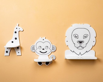 Safari Animal Wall Shelves - Giraffe Monkey Lion Shelf Set - Wooden Nursery Decor