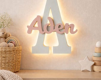 Personalized Initial Night Light with Wooden LED Name, Wall Lamp for Baby and Child's Room, Light up Wood Letter for Kids
