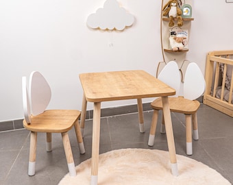Montessori Handmade Wooden Kids Table & 2 White Mouse Ear Chairs – Toddler Furniture for Nursery, Playroom, Activity Table, Gift for Kids
