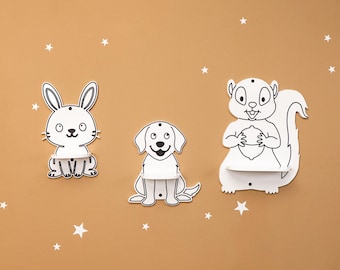Estantes de pared con animales del bosque - Juego de estantes con diseño de conejo, perro y ardilla - Decoración de madera para habitación infantil