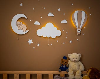 Nursery Night Light Set, Elephant Moon Cloud Hot Air Balloon Wooden Wall Decor, Baby Room Wall Art,  Newborn Gift, Kids Bedroom Night Light