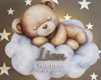 Personalized Wall Night Light Bear on Cloud with wooden Nursery, Baby's Name, Baby and Child's Room Decor, Newborn Gift, Baby Shower Gift.