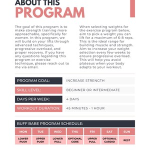 Puede incluir: Una gu&iacute;a de programa de fitness con el t&iacute;tulo "ABOUT THIS PROGRAM" en rosa. La gu&iacute;a incluye objetivos del programa, nivel de habilidad, duraci&oacute;n del entrenamiento y un horario semanal. Texto en negro y rosa sobre fondo blanco.