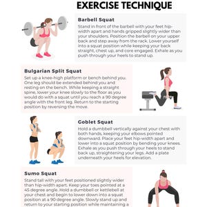 Puede incluir: Una gu&iacute;a ilustrada de ejercicios de empuje inferior. La imagen presenta diagramas de cuatro ejercicios: Barbell Squat, Bulgarian Split Squat, Goblet Squat y Sumo Squat. Cada ejercicio va acompa&ntilde;ado de una breve descripci&oacute;n.