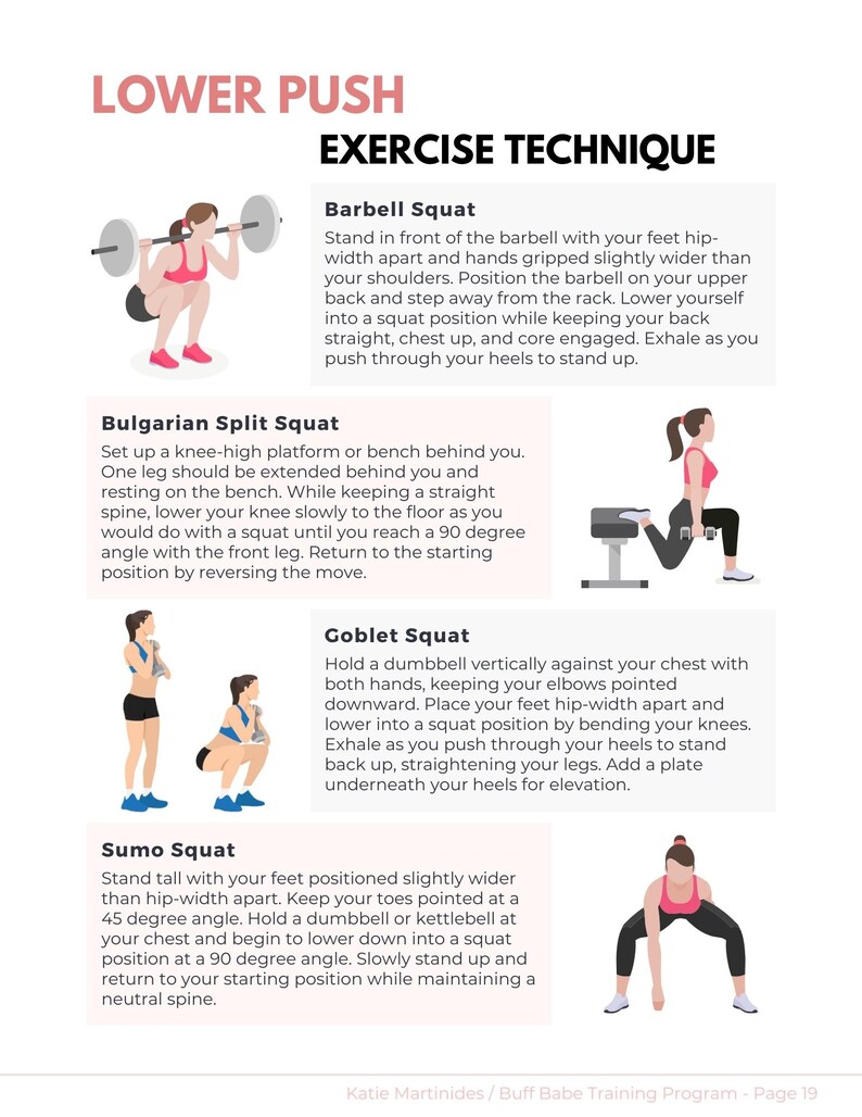 Puede incluir: Una gu&iacute;a ilustrada de ejercicios de empuje inferior. La imagen presenta diagramas de cuatro ejercicios: Barbell Squat, Bulgarian Split Squat, Goblet Squat y Sumo Squat. Cada ejercicio va acompa&ntilde;ado de una breve descripci&oacute;n.
