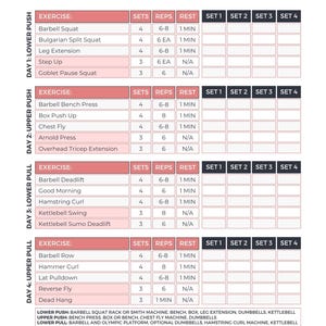 Puede incluir: Un plan de entrenamiento llamado "Buff Babe Training Program" para la Semana #1. El gr&aacute;fico rosa y blanco enumera ejercicios como sentadilla con barra, press de banca y peso muerto, con series, repeticiones y tiempos de descanso. Incluye equipo de ejercicio.