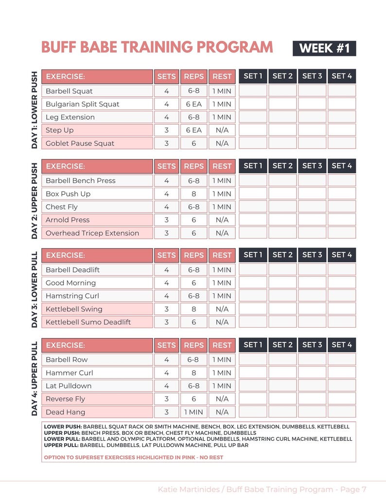 Puede incluir: Un plan de entrenamiento llamado "Buff Babe Training Program" para la Semana #1. El gr&aacute;fico rosa y blanco enumera ejercicios como sentadilla con barra, press de banca y peso muerto, con series, repeticiones y tiempos de descanso. Incluye equipo de ejercicio.