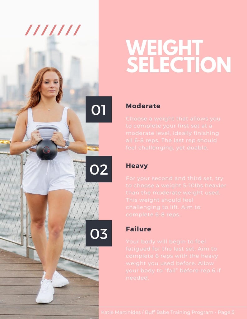 Puede incluir: Una mujer con ropa deportiva blanca sostiene una pesa rusa negra. La imagen incluye el texto "WEIGHT SELECTION" e instrucciones para la selecci&oacute;n de peso moderado, pesado y de fallo. El fondo presenta un paisaje urbano.
