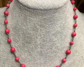 Pink Beaded Necklace – 925 Sterling Silver, Adjustable Length