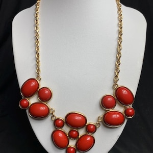 Red Bib Necklace Chunky Goldtone Chain Statement Jewelry