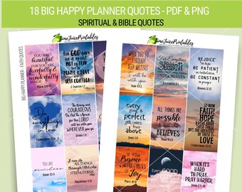 May include: A set of 18 printable planner quotes with inspirational bible verses and spiritual messages. The quotes are displayed on a variety of backgrounds with colorful sunsets and clouds. The quotes include: "For God gave us a spirit not of fear but of power and love and self-control", "Do everything in love", "You are precious", "I can do all things through Him who strengthens me", "When you go through deep waters I will be with you", "Every good and perfect gift comes from above", "All things are possible to him who believes", "Rejoice in hope, be patient in tribulation, be constant in prayer", "So now faith, hope, love abide these three, but the greatest of these is love", "In your presence is the fullness of joy", "Every good and perfect gift is from above", "When it's hard to pray, pray harder".
