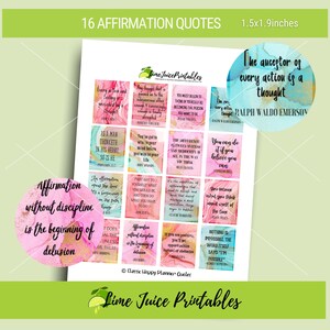 May include: A set of 16 printable affirmation quotes in a watercolour style with pink, blue, and gold accents. The quotes are 1.5 x 1.9 inches and feature inspirational messages such as "The acceptor of every action is a thought" and "You can do it if you believe you can."