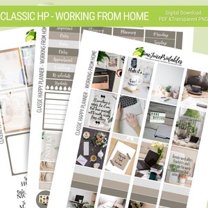Könnte beinhalten: Ein Satz bedruckbarer Planer-Aufkleber mit dem Thema „Arbeiten von zu Hause aus“. Die Aufkleber zeigen Bilder von Laptops, Pflanzen, Kaffeetassen und inspirierenden Zitaten. Die Aufkleber sind für die Verwendung in einem Planer oder Tagebuch gedacht.