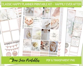 May include: A printable planner kit with a wedding theme. The kit includes a variety of stickers with images of rings, flowers, dresses, and other wedding-related items. The text "Happily Ever After" is featured on the top of the page.