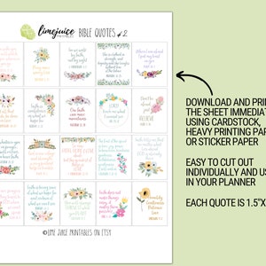 Puede incluir: Una hoja imprimible de 16 citas b&iacute;blicas con dise&ntilde;os florales. Cada cita mide 1,5 pulgadas por 1,5 pulgadas. La hoja est&aacute; dise&ntilde;ada para imprimirse en cartulina, papel de impresi&oacute;n grueso o papel adhesivo y recortarse para su uso en un planificador.