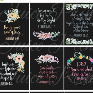 May include: A set of 10 printable cards with floral designs and inspirational quotes from the Bible. Each card features a different floral arrangement and a black background.