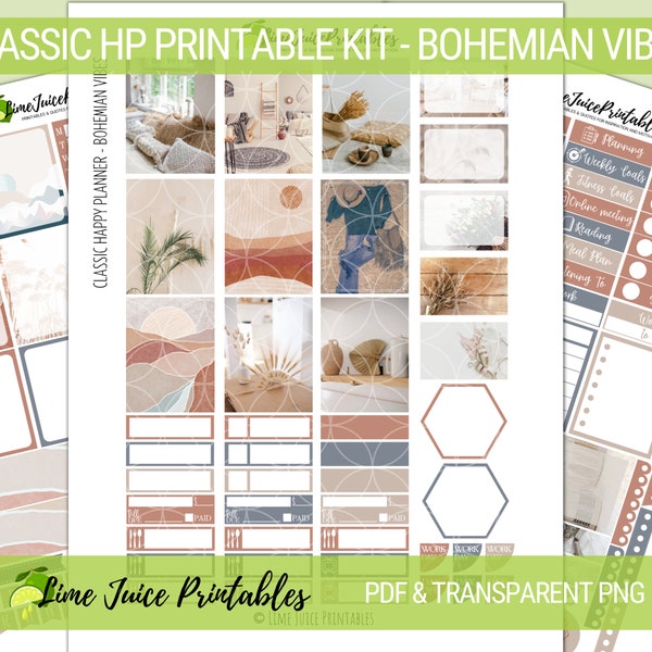 Dreamy Boho Planner Kit: Add a Touch of Bohemian Bliss to Your Classic Happy Planner with this printable weekly kit, Transparent PNG incl