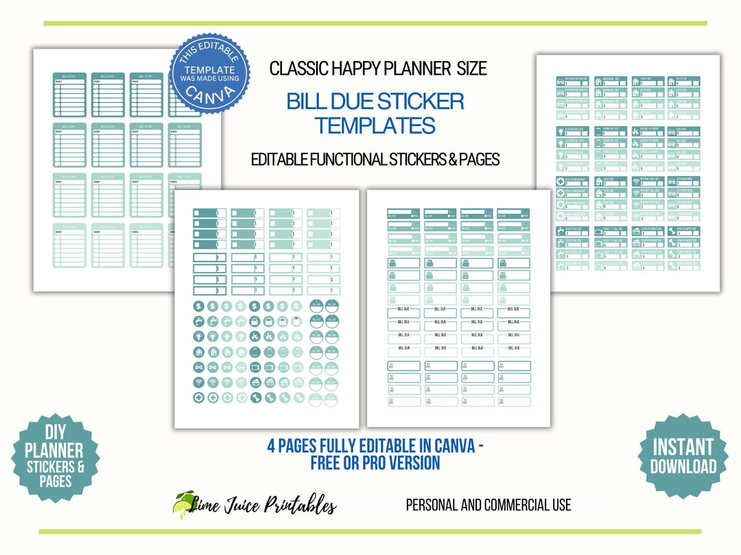 Capacity Sticker Editable Bill Due Planner Stickers: Editable Canva Templates (classic Happy ...