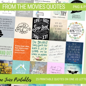 May include: A printable sheet of 25 movie quotes, each with a different background color and design. The quotes are from popular movies like Braveheart, Star Wars, Game of Thrones, and The Wizard of Oz. The sheet is designed to be printed on a standard US letter size paper.