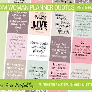Könnte beinhalten: Ein druckbares Blatt mit inspirierenden Zitaten für Frauen. Die Zitate sind in rosa, grau und weißer Schrift auf verschiedenen farbigen Hintergründen. Das Blatt ist mit "I Am Woman Planner Quotes" betitelt und enthält den Text "PNG & PDF".