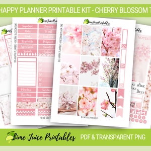 Big Happy Planner CHERRY BLOSSOM Autocollants imprimables, Kit de la semaine, Autocollants de printemps, Kit floral Transparent PNG inclus