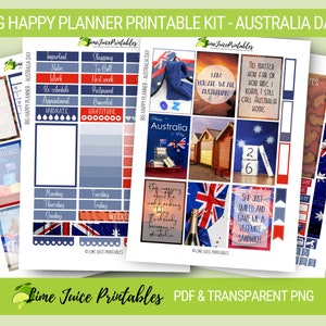 May include: Printable planner stickers featuring Australian themes. The stickers include images of the Australian flag, beach houses, books, and a quote about Australia. The stickers are designed for use in a Happy Planner.