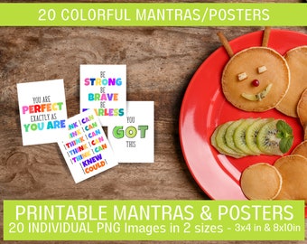 Kids Positive Cards, Mindful Posters, Classroom Prints - 20 - 3x4in Printable Cards and 20 - 8x10in Classroom Posters