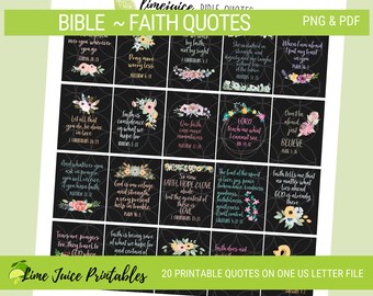 Puede incluir: Un conjunto de 20 citas bíblicas imprimibles en un solo archivo de tamaño carta de EE. UU. Las citas se muestran en un fondo negro con acentos florales y texto blanco. Las citas incluyen versículos como "Que todo lo que hagas, hazlo con amor" y "La fe es la confianza en lo que esperamos".