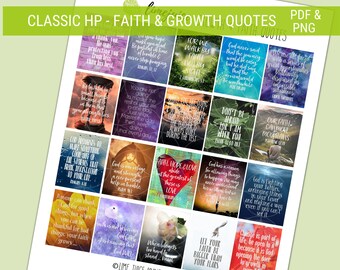 May include: A set of 16 printable inspirational quotes about faith and growth. The quotes are displayed on colorful backgrounds with images of nature and inspirational symbols. The quotes are in a handwritten font and include verses from the Bible.