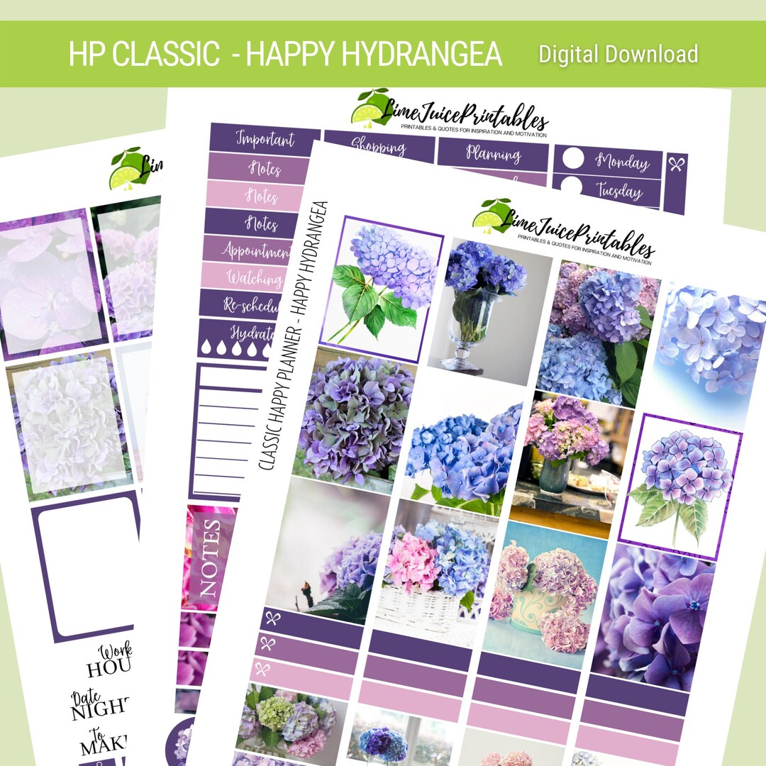 Floral Delight: Classic Happy Planner Printable Stickers With Hydrangea ...