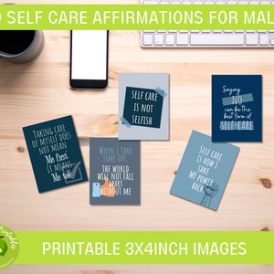 Tarjetas de afirmación de autocuidado masculino - 3x4in / Tarjetas motivacionales / Folleto de estrategias de autocuidado / Tarjetas de manifestación de lista de verificación / Bienestar