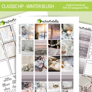 May include: A set of printable planner stickers with a winter theme. The stickers feature images of cozy winter scenes, such as a snowy window, a warm blanket, and a cup of hot cocoa. The stickers are designed to be used in a planner or journal to add a touch of winter cheer.