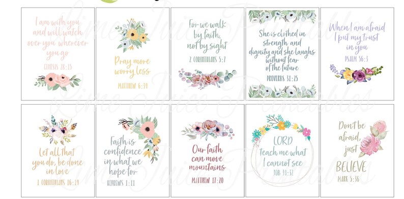 Puede incluir: Un conjunto de 10 tarjetas imprimibles con dise&ntilde;os florales y citas inspiradoras. Cada tarjeta presenta una cita diferente sobre la fe, el amor y la esperanza. Las citas son de la Biblia e incluyen vers&iacute;culos como "Estoy contigo y velar&eacute; por ti dondequiera que vayas" y "Que todo lo que hagas, se haga con amor".