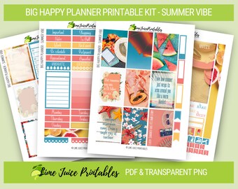 May include: A printable planner kit with a summer theme. The kit includes a variety of stickers and planner pages with summer-themed illustrations, such as watermelon, pineapples, and seashells. The text on the page reads "BIG HAPPY PLANNER PRINTABLE KIT - SUMMER VIBE".