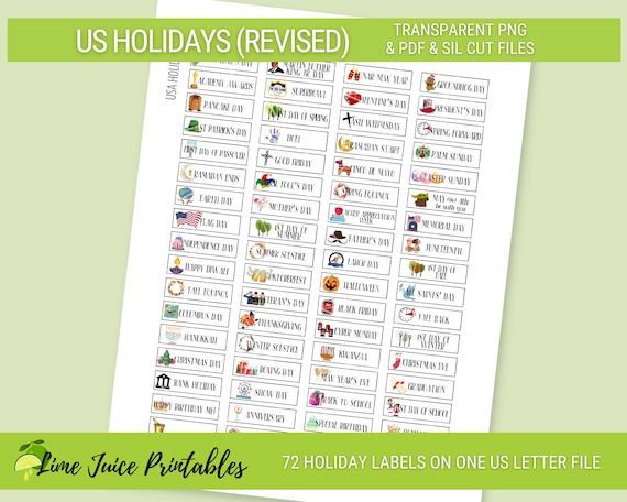 Annual US HOLIDAYS-CELEBRATION (Revised) Printable Planner Stickers|Vacation Stickers|Holiday Stickers| Print & Cut File included
