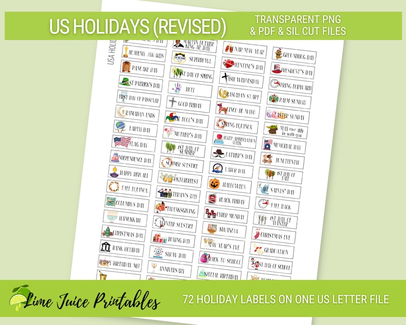 Op de afbeelding: Een bedrukbaar vel met 72 Amerikaanse feestdaglabels, elk met een uniek pictogram en tekst. De labels zijn ontworpen om te worden afgedrukt op een enkel vel papier in US Letter-formaat. De labels omvatten feestdagen zoals Nieuwjaarsdag, Valentijnsdag, St. Patrick's Day, Pasen, Moederdag, Vaderdag, Memorial Day, Onafhankelijkheidsdag, Dag van de Arbeid, Columbusdag, Halloween, Thanksgiving, Kerstavond, Oudejaarsavond en meer.